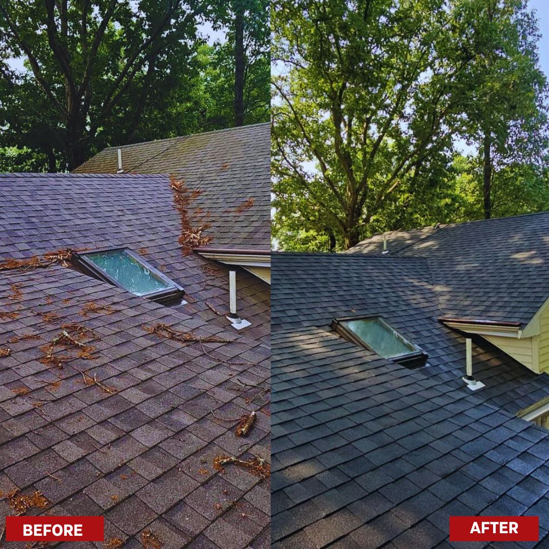 A residential roof before and after cleaning.